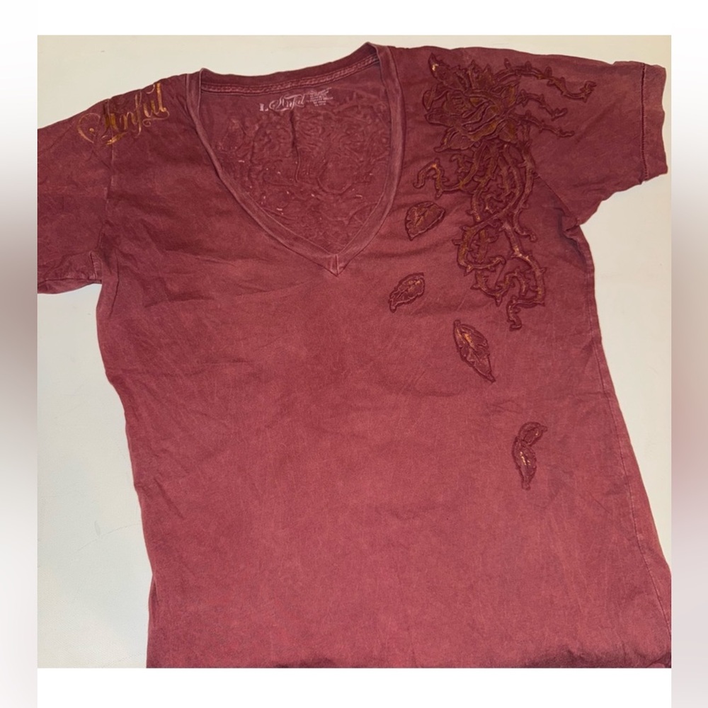 Sinful Burgundy Embroidered Short Sleeve Tee